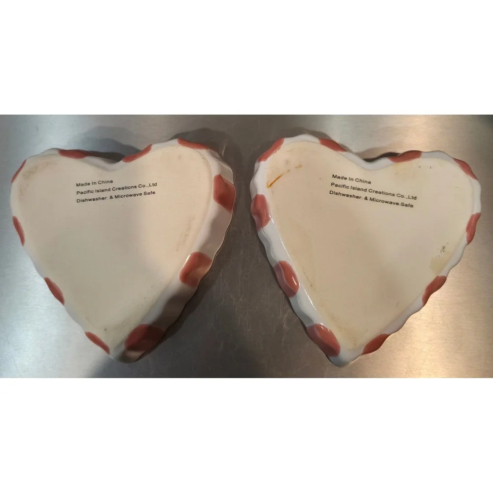 Pacific Island Creations‎ Co Heart Ceramic Ramekin Set White Pink Striped Set/2
